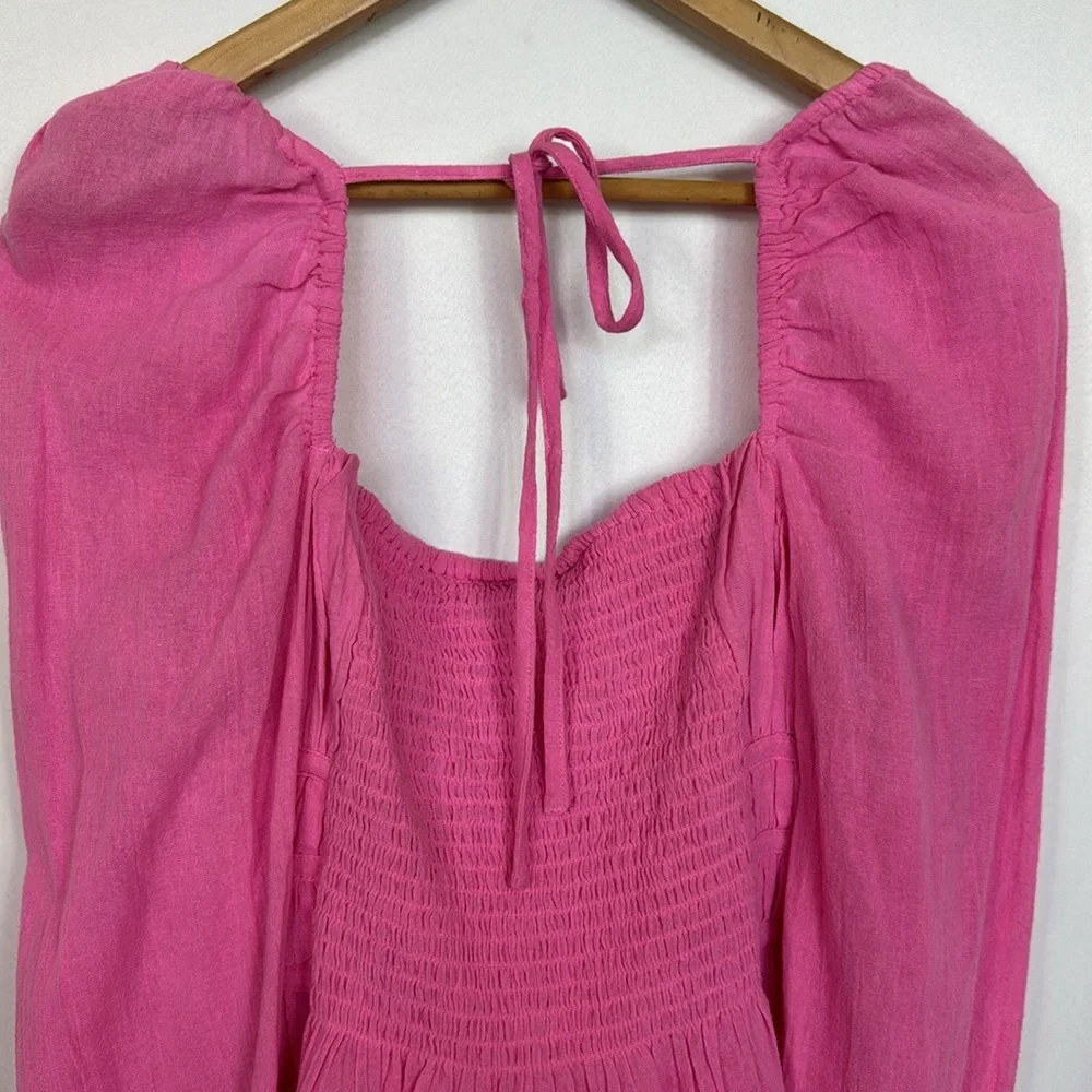 Free People Women’s Top Chloe Aurora Pink Smoked‎ Tie Back Size M Long Sleeve